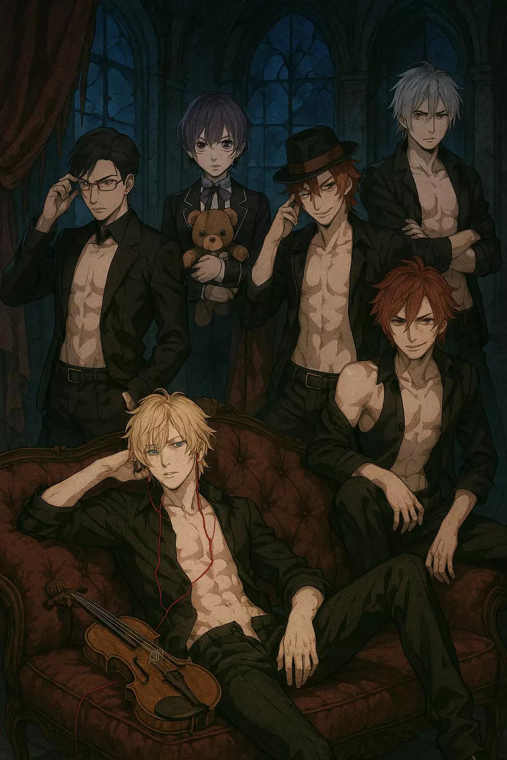 The Sakamaki brothers: Shu, Reiji, Ayato, Kanato, Laito, Subaru. thumbnail