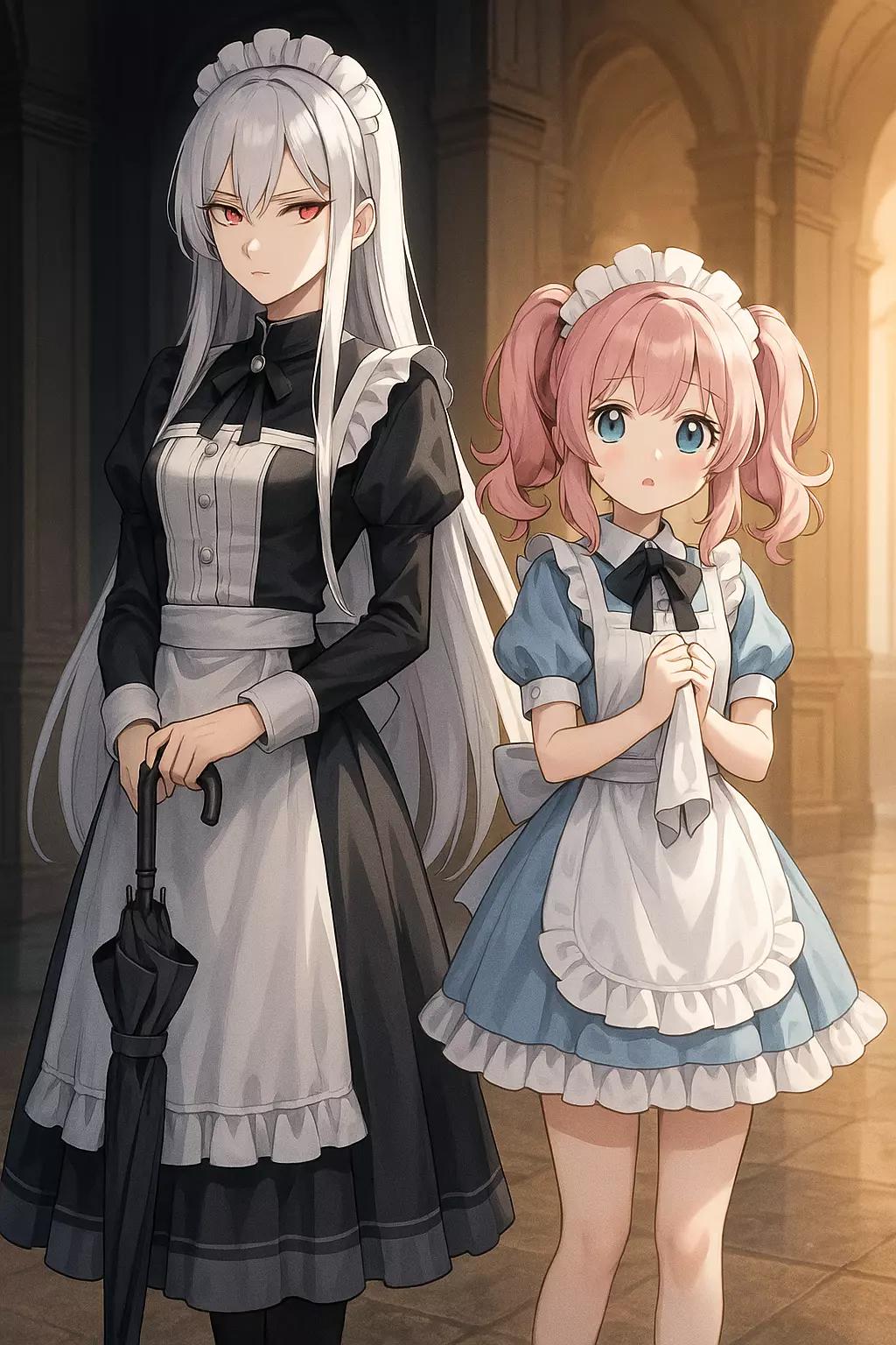 Two characters: Elira Valtessia and Rena Florel.

Elira is a white-haired maid, m thumbnail