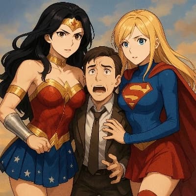 Man caught between Wonder Woman and Supergirl thumbnail