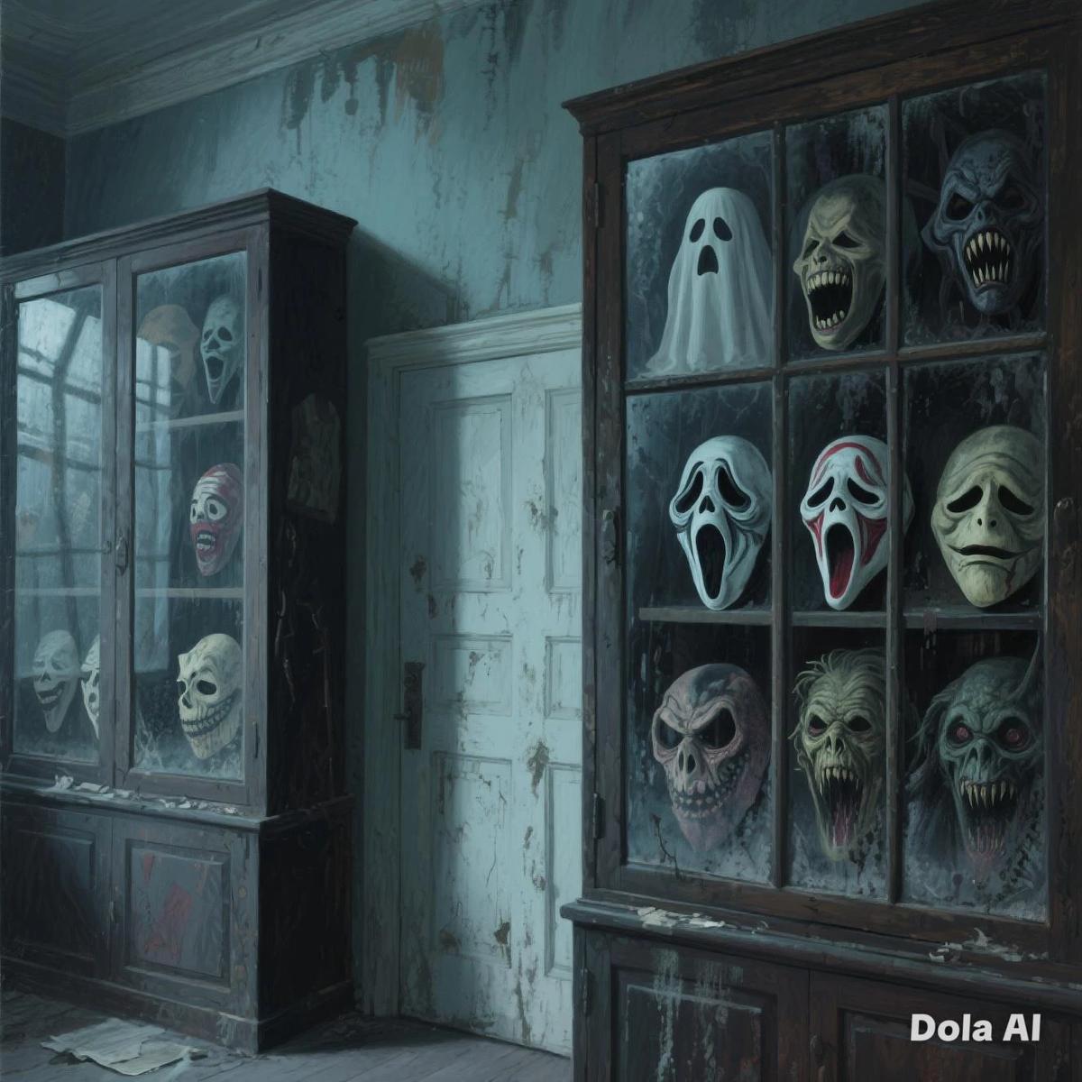 A collection of strange masks in an empty old house thumbnail