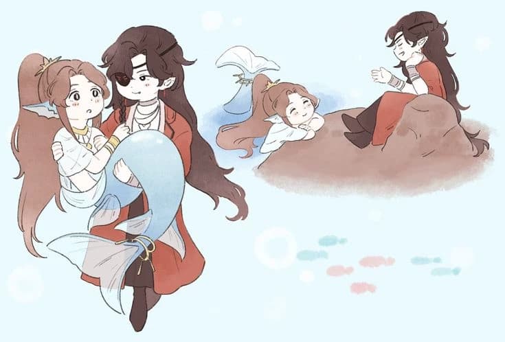 Hua Chen (pirate, ship captain) and Xie Lian (merman, prince of the underwater kingdom) thumbnail
