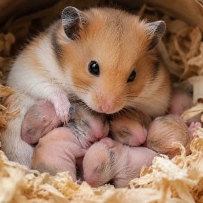 Un hamster que esta cuidando sus crias thumbnail