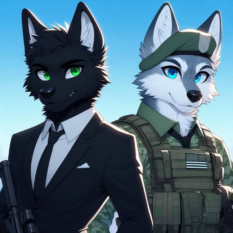 nebula and camo [2 gay American wolf soldiers] thumbnail