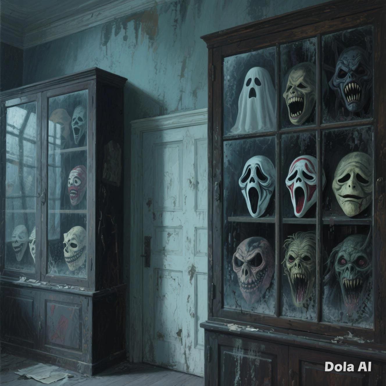 A collection of strange masks in an empty old house thumbnail