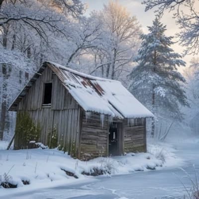 The old shed in a winter forest  thumbnail