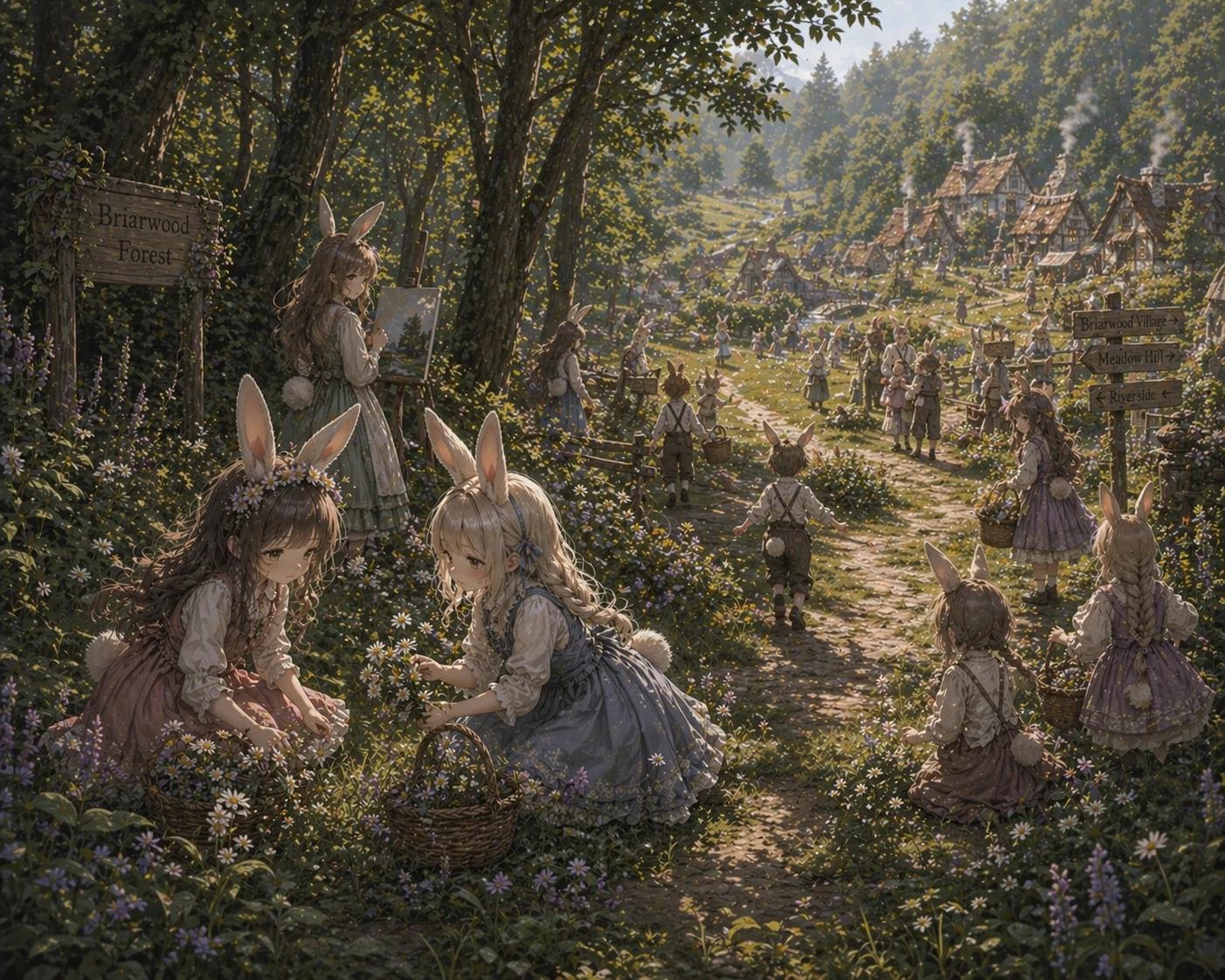 Little bunnys in the forest picking flowers thumbnail