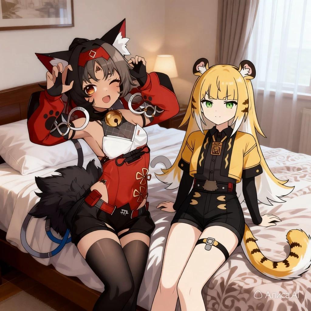Nekomiya Mana (Nekomata) and Jiu Fufu on a night out thumbnail