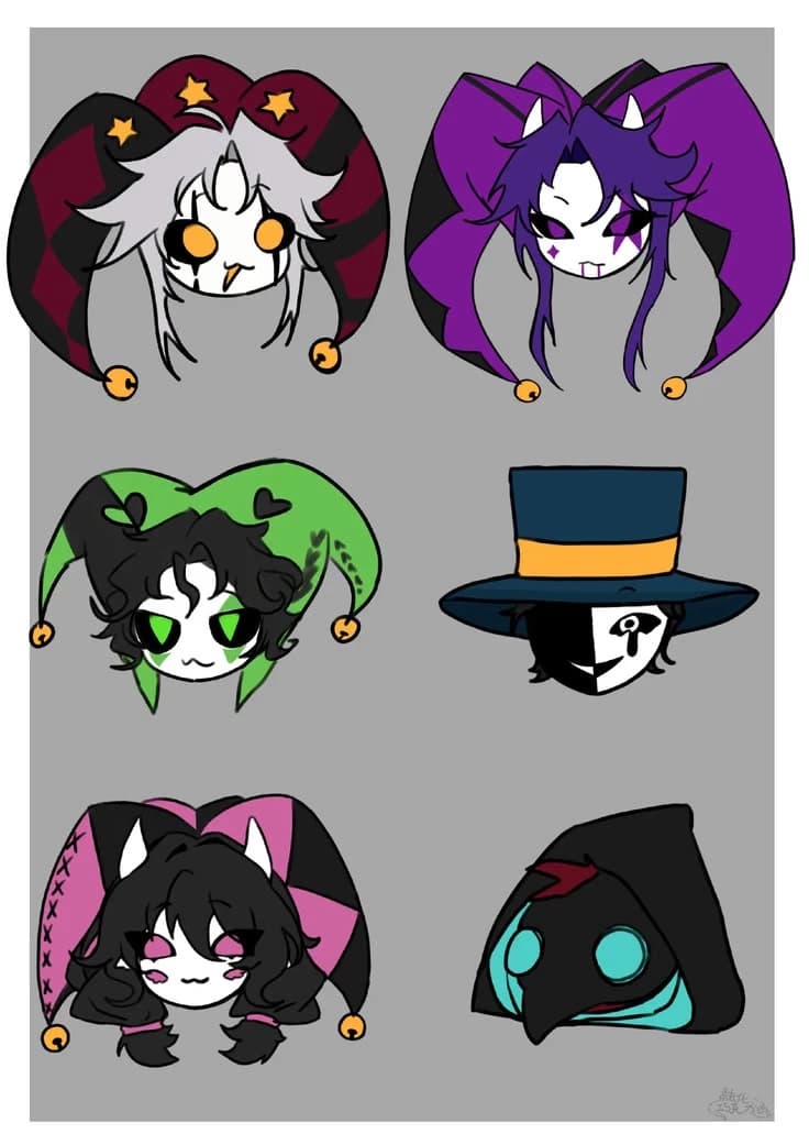 Pierrot, Harlequin, Jester, Usher, Doctor, and Columbine thumbnail