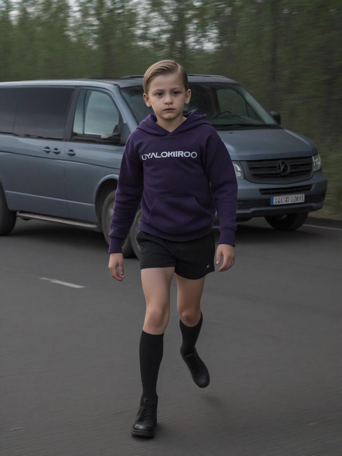 Vadim, a twelve-year-old boy, is dressed in a black T-shirt, in black leotards, black glasses thumbnail