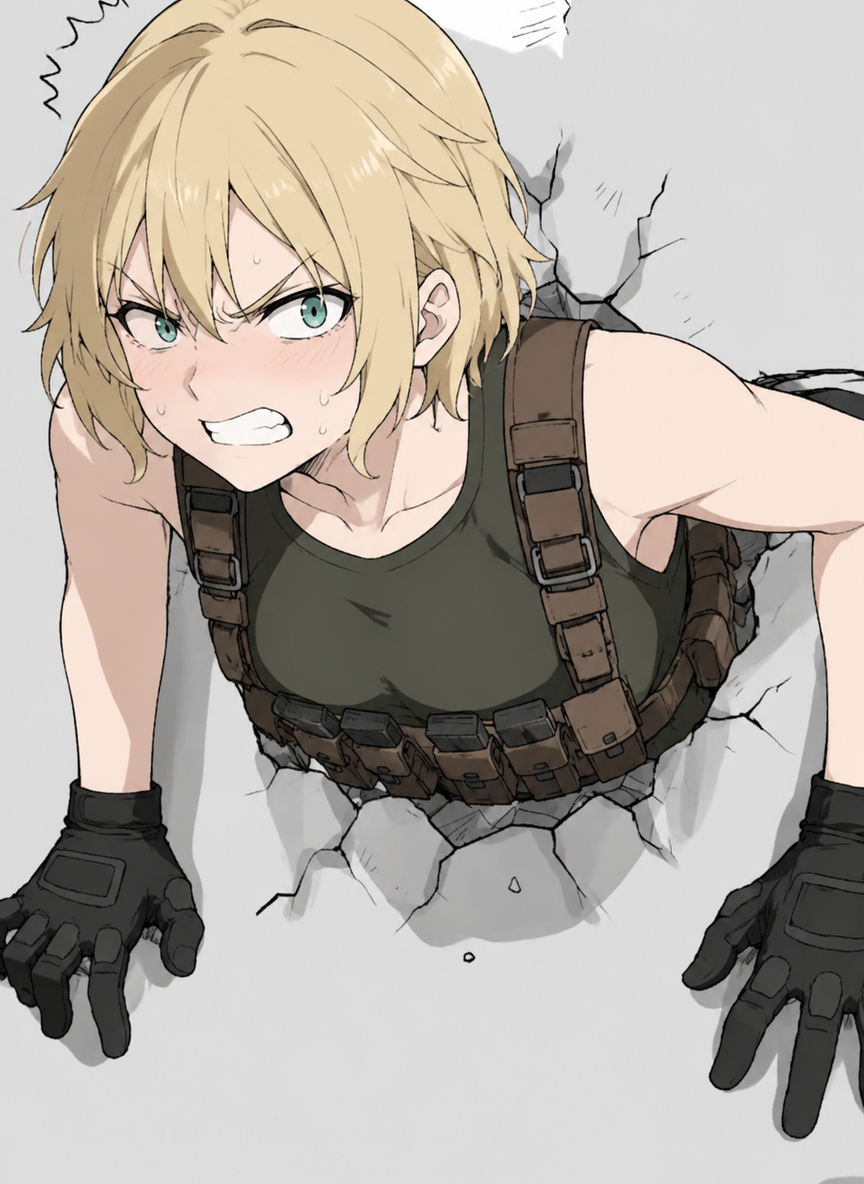 Female soldier stuck in a stone wall thumbnail