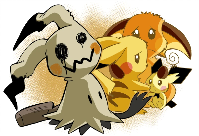 Mimikyu in the middle of a group of Pikachus thumbnail