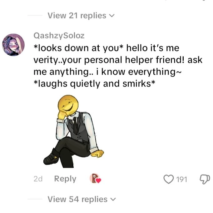 *looks down at you* hello it’s me verity..your personal helper friend! ask me an thumbnail