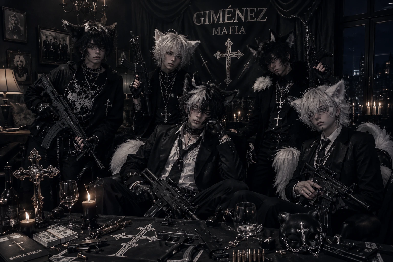 5 furry gothic femboys with machine guns, crosses and set in the mafia thumbnail